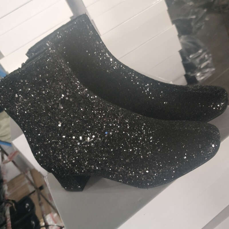 Women's Plus Size Gold Sequin Embellished Round Toe Side Zipper Short Warm Fleece ing Chunky Heel Anti-Wind Ankle Boots