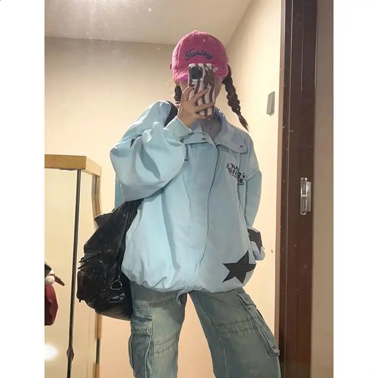 Spring Star Patchwork Jacket Female Kawaii Trend Couple Cardigan Embroidered American Street Campus Loose Coat 241224