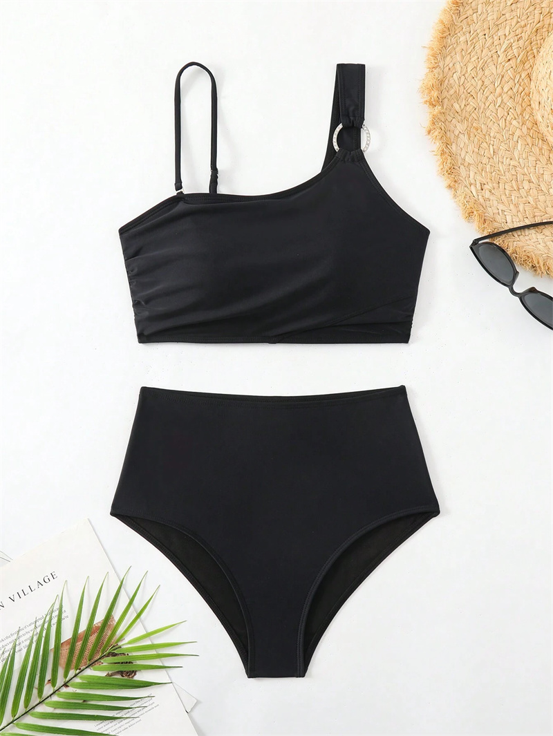 Retro High Waist Bikini Women Rhinestone Torus Decor One Shoulder Swimwear Ladies Vintage Bikinis Set Black Two Piece Swimsuit Beach Bather Bathing Su