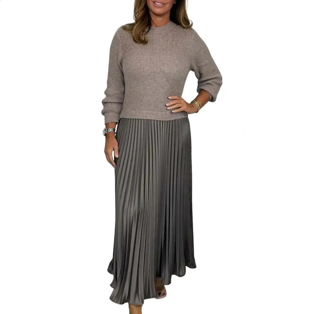 Autumn Winter Women Dress Knitted Sweater Twopiece Pleated Skirt Patchwork Long Sleeve Round Neck Aline Maxi 241228