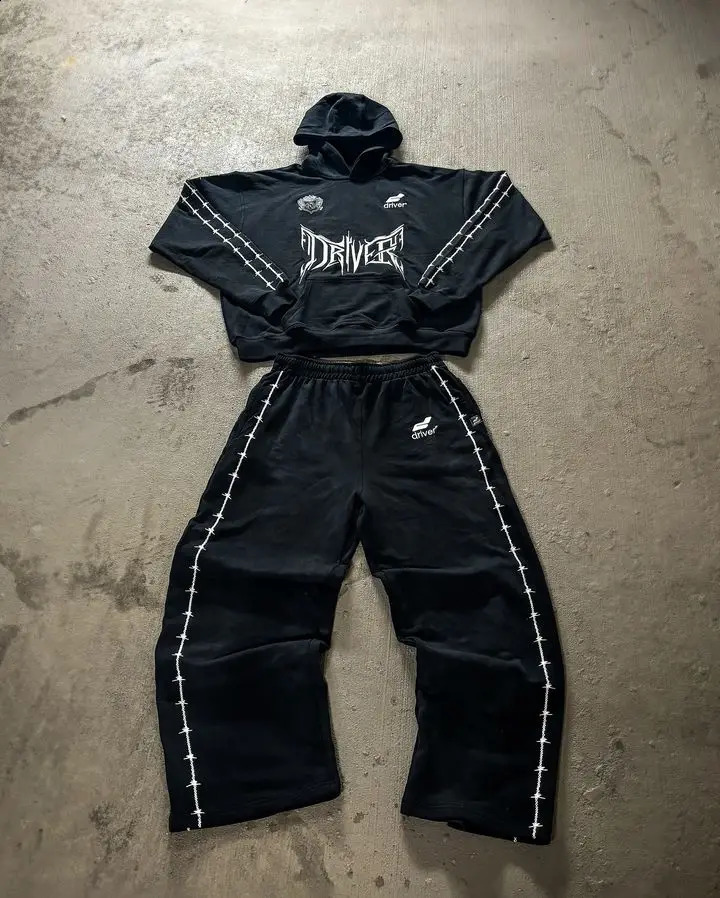 Streetwear Mens Two Piece Y2K Sportswear Harajuku Hip Hop Letters Oversized Hoodie Retro Striped Sweatpants Casual Suit Clothes 241224