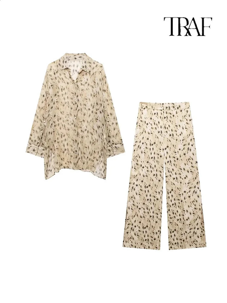 TRAF womens animal print trousers twopiece set semisheer lapel singlebreasted shirt split n highwaisted 241220