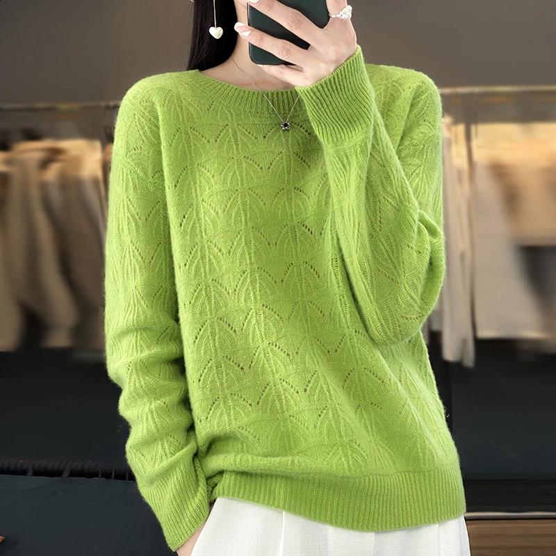 Wool Oneck Sweater Women Knitted Hollowout Long Sleeve Tops Spring Female Pullover Autumn Winter Loose Fashion Basics Jumper 241223Z
