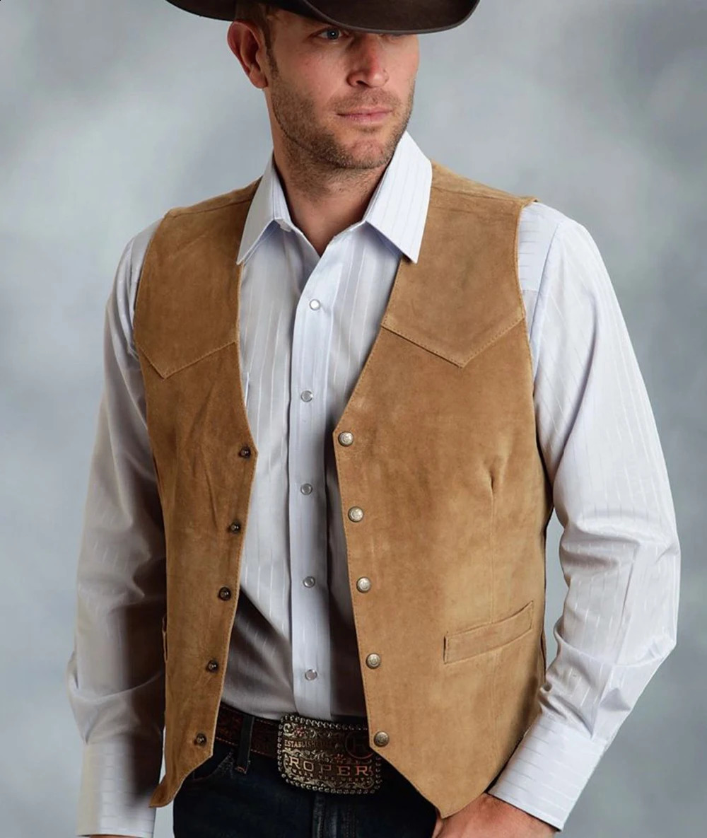 Brown Vest Mens Formal Business Suit Suede Waistcoat Groomsmen For Wedding Cowboy 241228