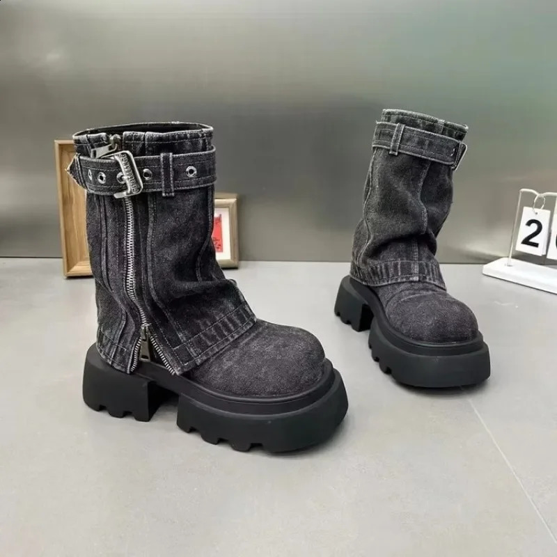 Ladies Shoes Fashion Sleeve Womens Boots Spring Autumn Round Toe Denim Solid Middle Tube Platform Chunky Heels Boots 241227