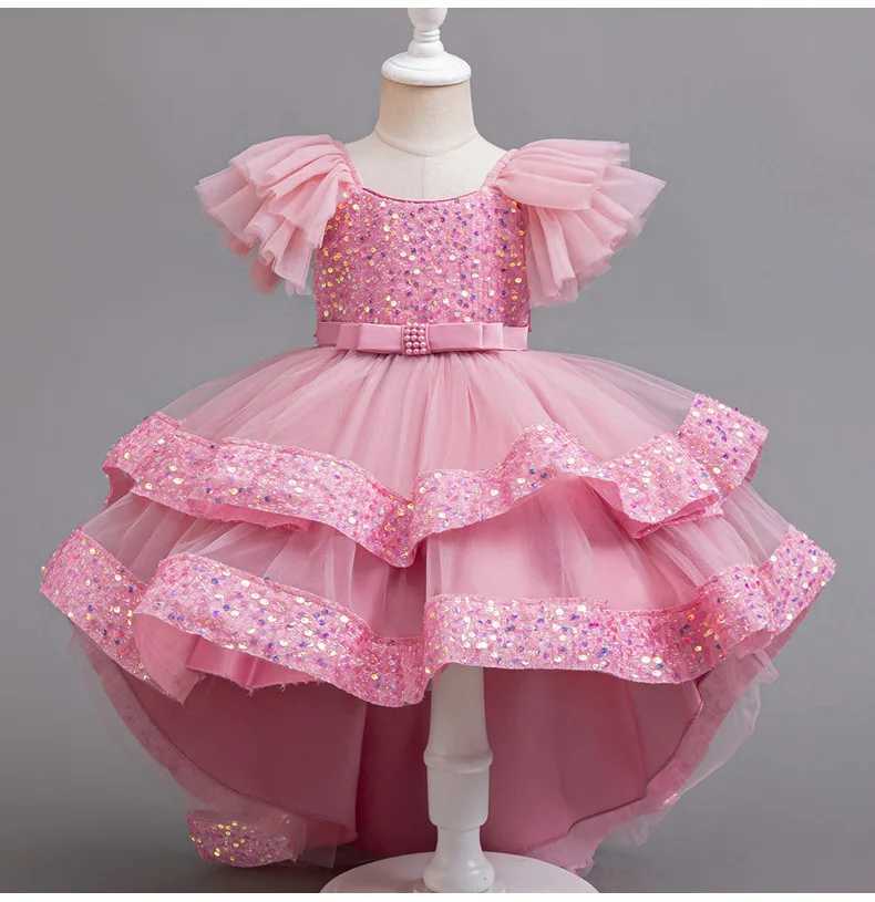 Girl's Dresses 3-10 year old girl new year dress sequins small flying sleeve trailer tail skirt net gauze cake dress girl party dress Y250227D5YA