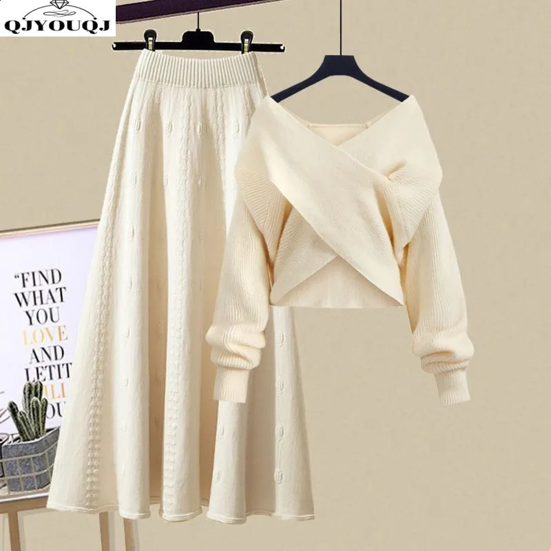 Autumn and Winter Womens Set 2024 Lazy Knitted Vneck Sweater Slimming Half Skirt Two Piece Trendy 241220