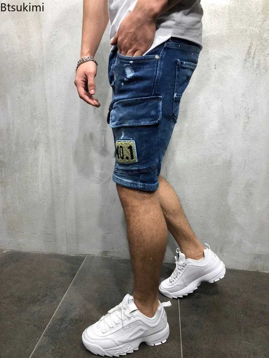 2025 Mens Summer Short Jeans High Stretch Fashion Casual Denim Shorts Male Slim Fit Elastic Badge Pockets Hole Shorts for Men W250319