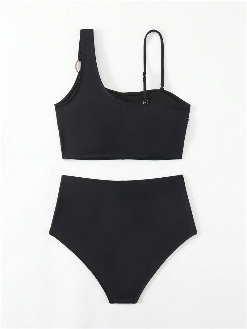 Retro High Waist Bikini Women Rhinestone Torus Decor One Shoulder Swimwear Ladies Vintage Bikinis Set Black Two Piece Swimsuit Beach Bather Bathing Su