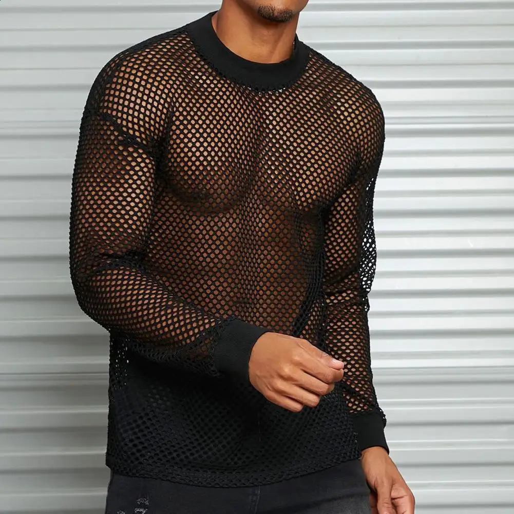 Summer Men Mesh Top Ultra Thin Seethrough Solid Colo RO Neck Long Sleeves Shirt Casual Elastic Cuff Sleeve Male Muscle Tee 241223