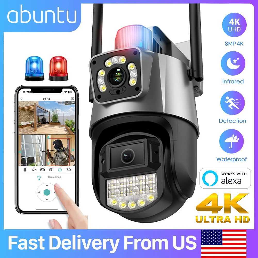8MP 4K Security Camera Wifi Outdoor Dual Lens Dual Sns CCTV Surveillance Camera Home Night Vision Police Light Al ICSEEXJ241228