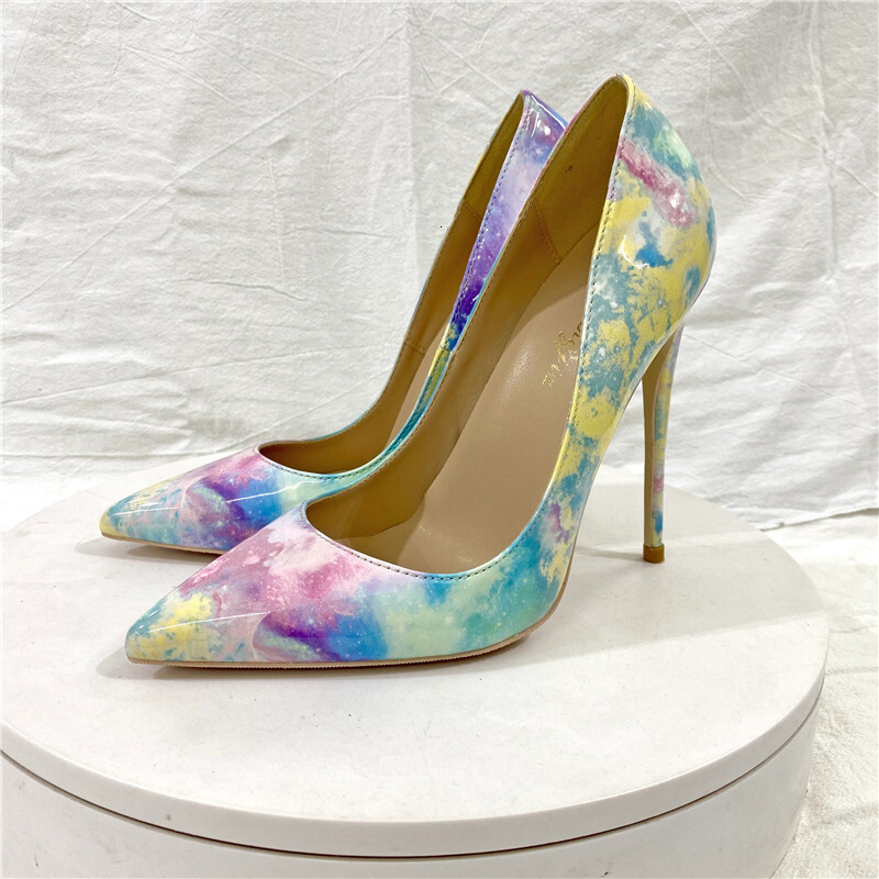 Colorful Print Patent Leather Women's Pointed Toe Stilettos Sexy Ladies Banquet Slip-On High Heels 8Cm 10Cm 12Cm Party Shoes