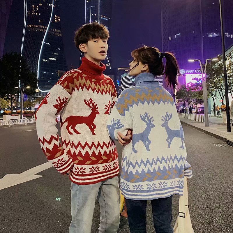 Christmas Sweater Men Autumn Turtleneck Pullover Gengar Spacious Print Patchwork Jumpers Warm Knit Oversized Ugly Sweater Unisex S251110