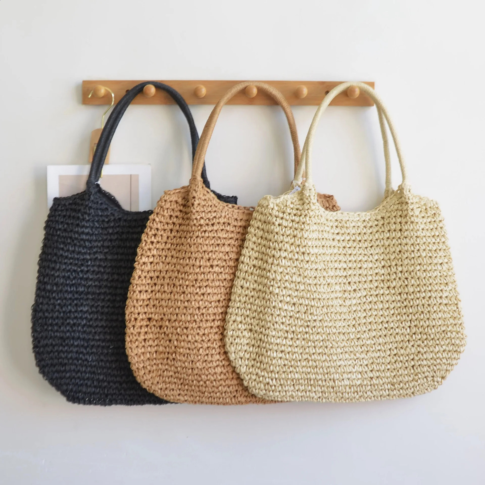 2024 Summer Daily Bag Women Vintage Shoulder Hasp Clre Crochet Beach Handbag Solid Color Simple Weaving Ladies 241225