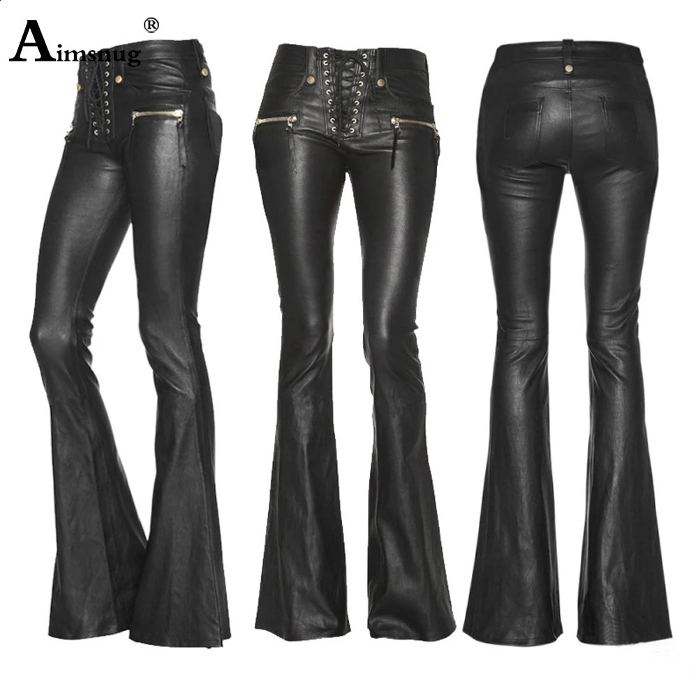 Women Fashion PU Leather Pants High Waist Female Skinny Flare Girls MultiZippers Trouser Sexy Boot Cut Faux Pant 241223