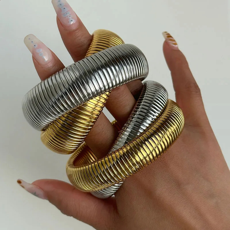 Double layered elastic Gypsy bangles stainless steel wide chunky bangles statement jewelry waterproof punk jewelry 241228