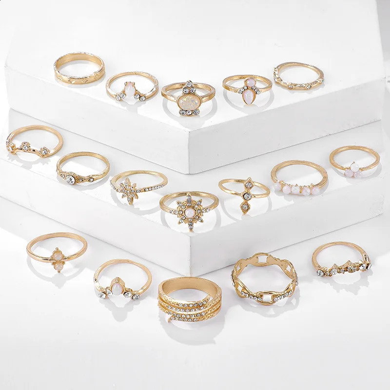 17 PCSSet Fashion Geometric Punk Rings For Women Crystal Gold color Finger Ring Ladies Jewelry Wedding Party Gifts 241225