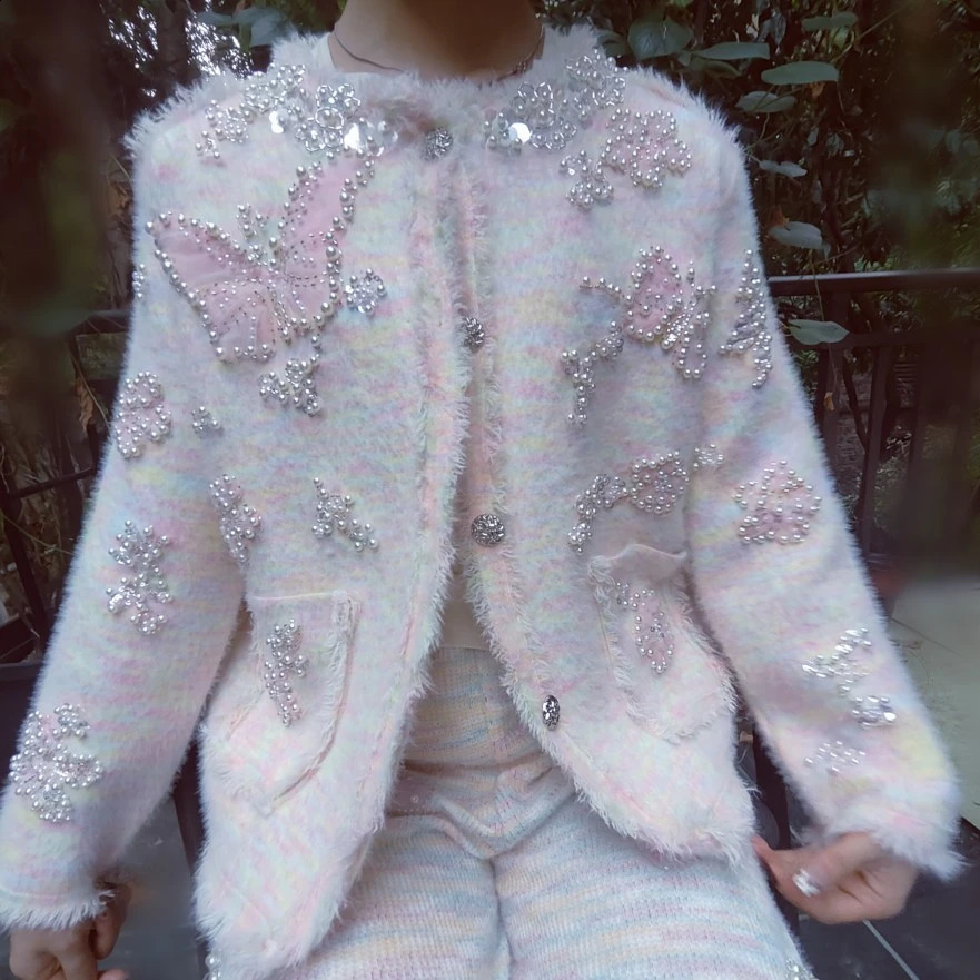 Pearls Beaded Big Butterfly Embroidery Sequined Jacket Crystal Woolen Tweed Blazer Coat Thick Mink Cashmere Cardigan Tops 241224