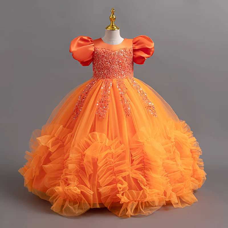 Girl's Dresses New handmade bead mesh with bubble sleeves suitable for girls Christmas weddings floral girls 3-12 year evening dresses Y250227BFH