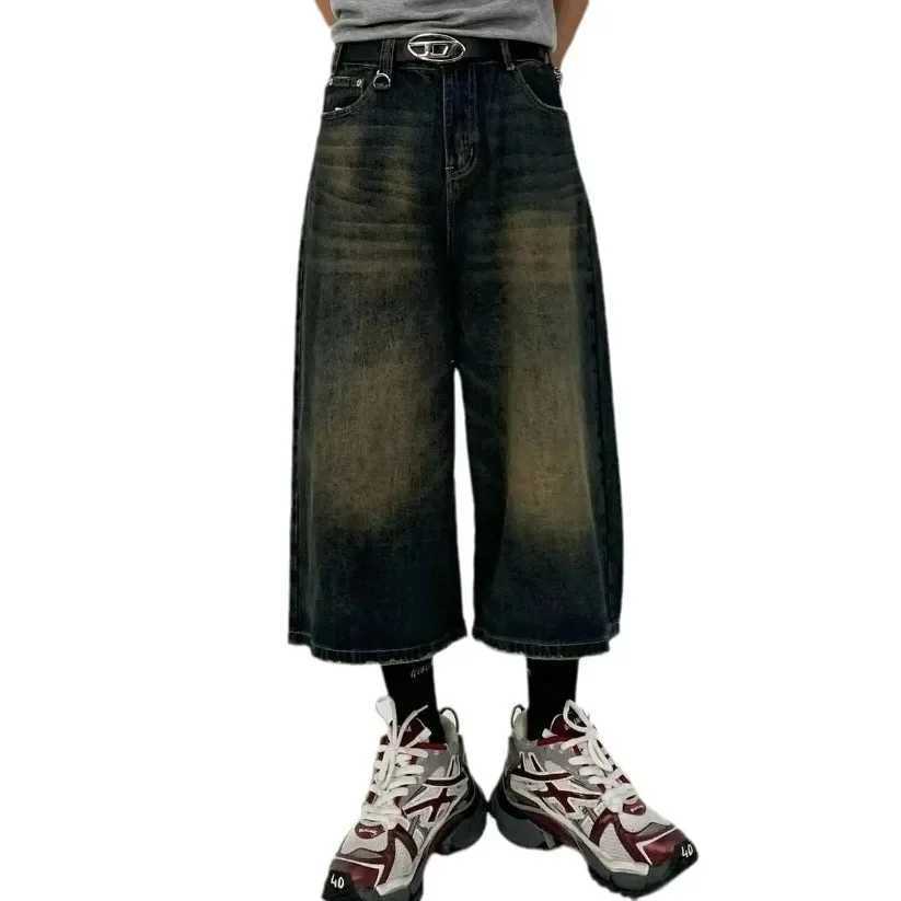 Mens summer solid color trend dark blue denim 7-piece loose fit wide leg straight leg shorts W241228