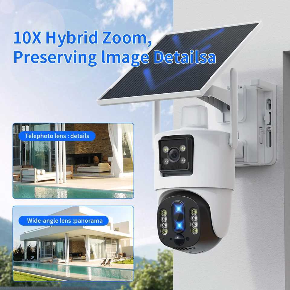 8MP Wireless Solar Camera Dual lens WiFi PTZ Camera Outdoor Built-in Battery Video Surveillance Camera Long Time Standby iCseeXJ241228