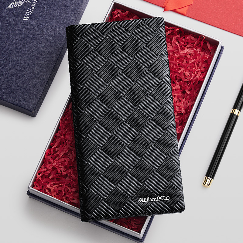 WILLIAMPOLO 100% Genuine Leather Men Premium Product Real Cowhide Wallets For Man Long Black Walet Portefeuille Homme
