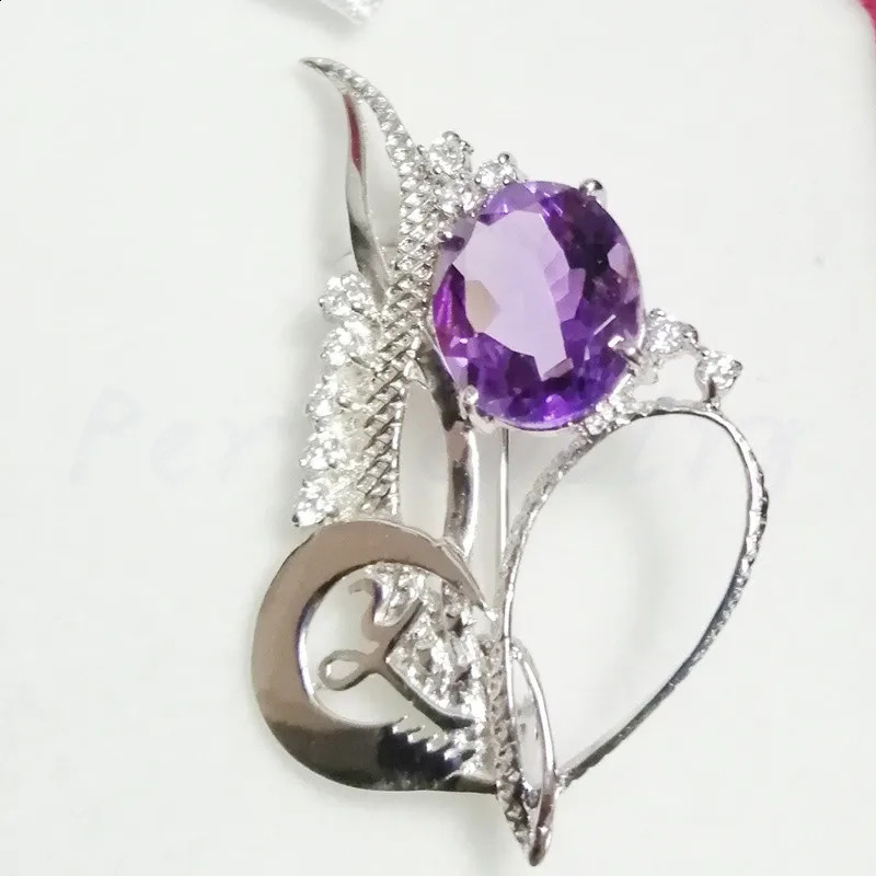 Natural real purple amethyst brooch pins Y style 925 sterling silver 10*12mm 4.5ct gemstone Fine jewelry C9021101 241227