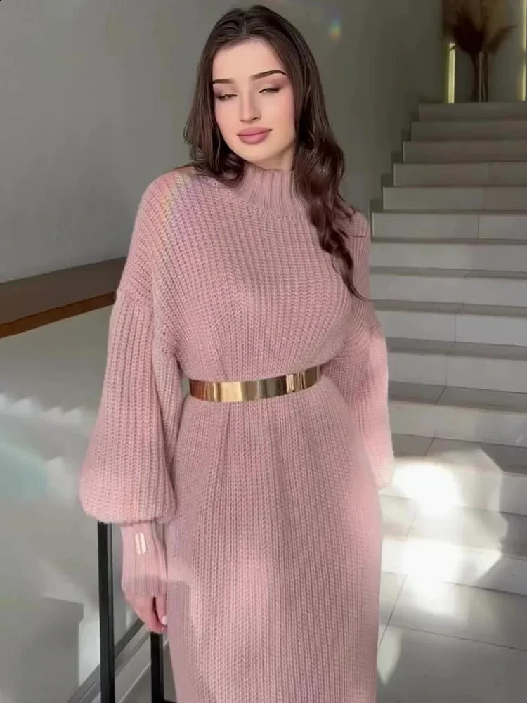 TARUXY Knitted Long Dress With Belt Womens Turtleneck Pullover Solid Sweater Dresses Fashion Long Sleeve Holiday Party Clothes 241224