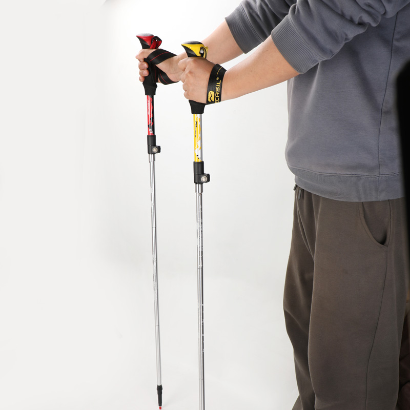Five sections straight handle external lock outdoor hiking poles retractable walking poles 6061 aluminum alloy trekking poles wholesale