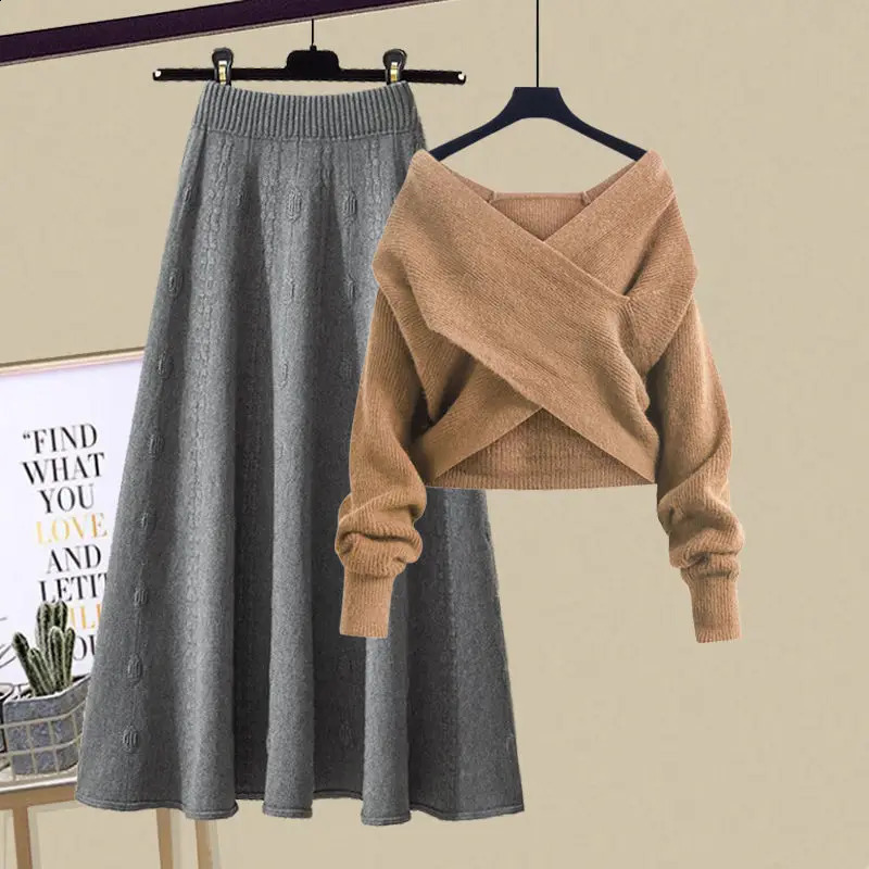 Autumn and Winter Womens Set 2024 Lazy Knitted Vneck Sweater Slimming Half Skirt Two Piece Trendy 241220