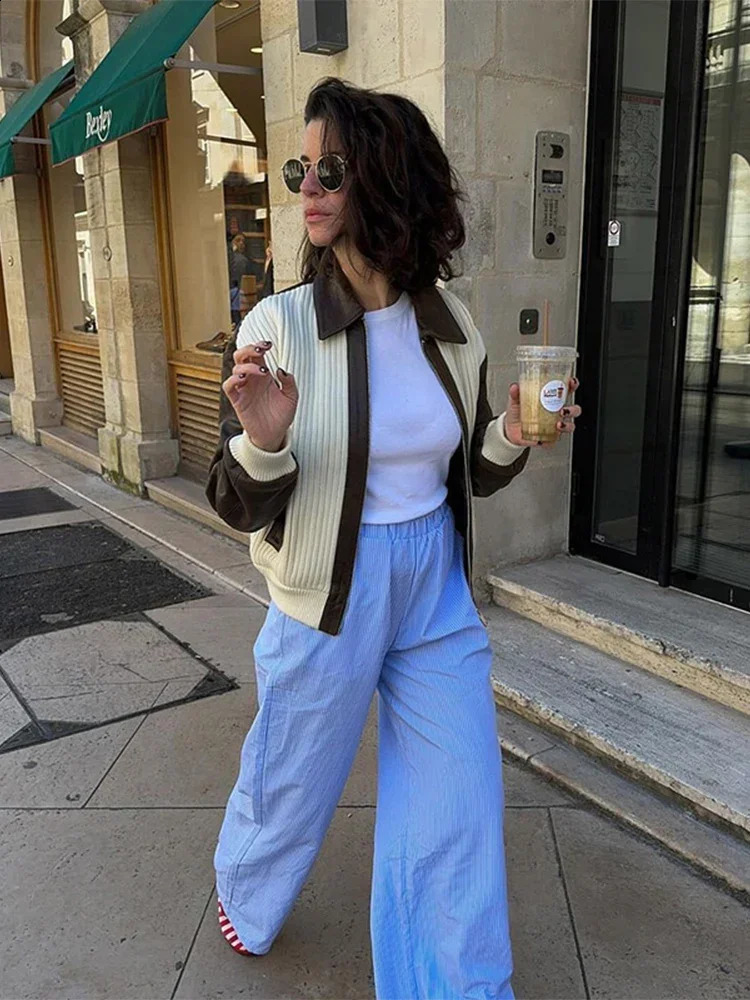 Women Casual Zipper Contrasting Leather Coat Fashion Lapel Long Sleeves Loose Jacket Autumn 2024 chic Office High Streetwear 241224