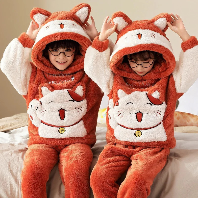 Winter Shark Pajamas Sets for Children Flannel Warm Hooded Sleepwear Boys Thicken Homewear Girls Night Suit Animal Pyjamas Kids 241226