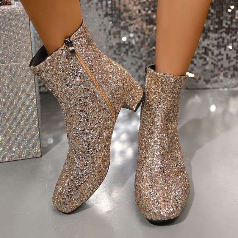 Women's Plus Size Gold Sequin Embellished Round Toe Side Zipper Short Warm Fleece ing Chunky Heel Anti-Wind Ankle Boots