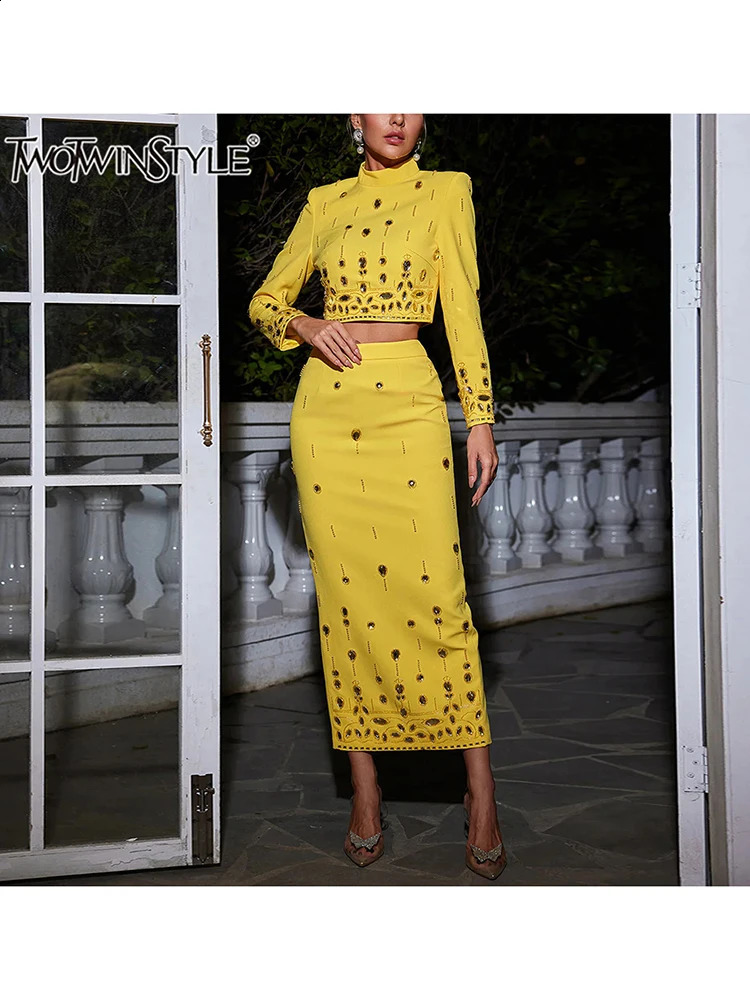 TWOTYLE Solid Spliced Diamonds Two Piece Set For Women Stand Collar Long Sleeve Tops High Waist A Line Skirt Female 241220
