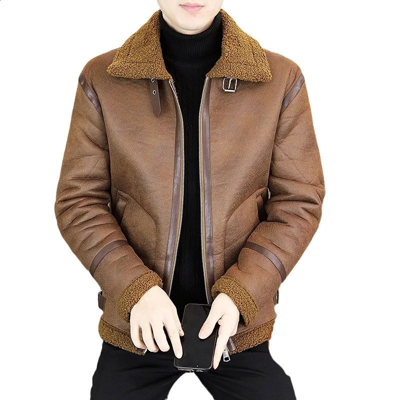 High Quality Male Winter PU Leather Coats Overcoat Jackets Thick Warm Wool Fleece Fur Collar Men Jacket Coat 241220