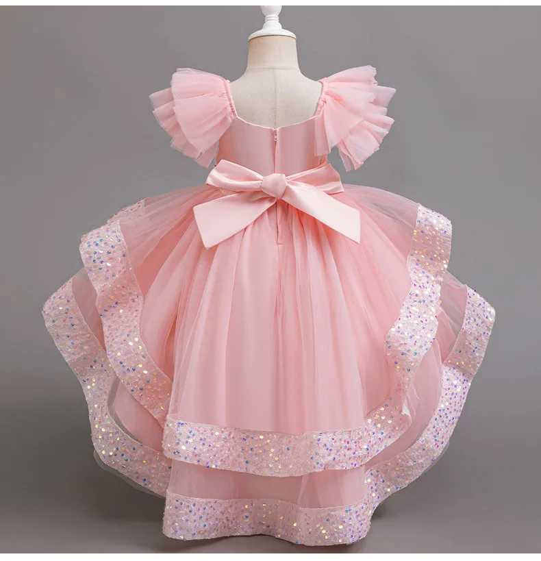 Girl's Dresses 3-10 year old girl new year dress sequins small flying sleeve trailer tail skirt net gauze cake dress girl party dress Y250227D5YA