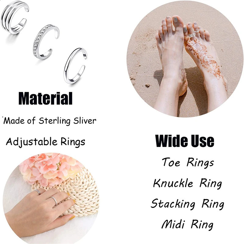 Open Toe Rings Set for Women Simple Thin CZ Tail Band Ring Adjustable Summer Beach Foot Jewelry Apply to Finger 241225
