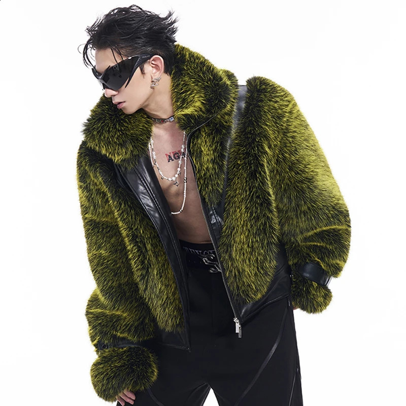 FEWQ Mens Leather Patchwork Plush Fur Coat Autumn Winter 2024 Long Sleeve Male Tops Korea Fashion 24E5614 241224