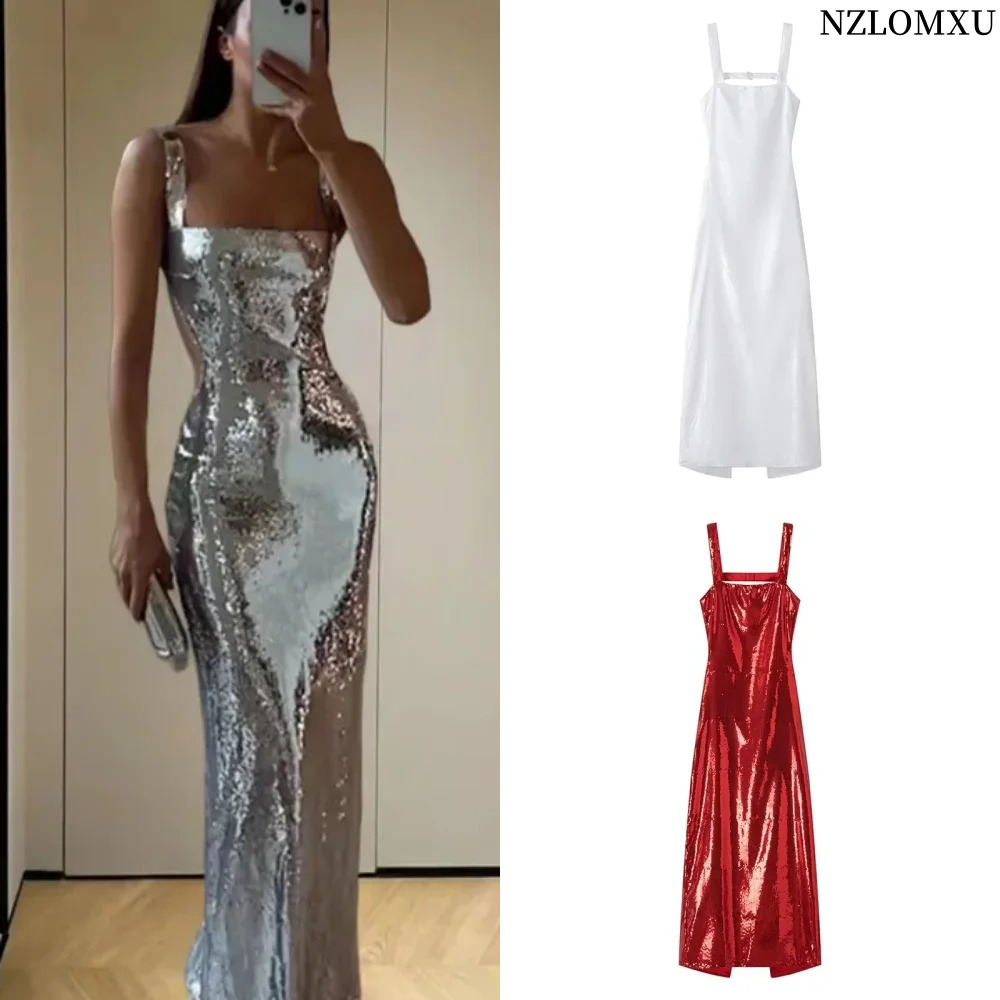 Slip Sequin Dress Woman Sleeveless Sliver Long Dresses For Women Bodycon Backless Sexy Midi Dress Glitter Prom Party Dress 241220
