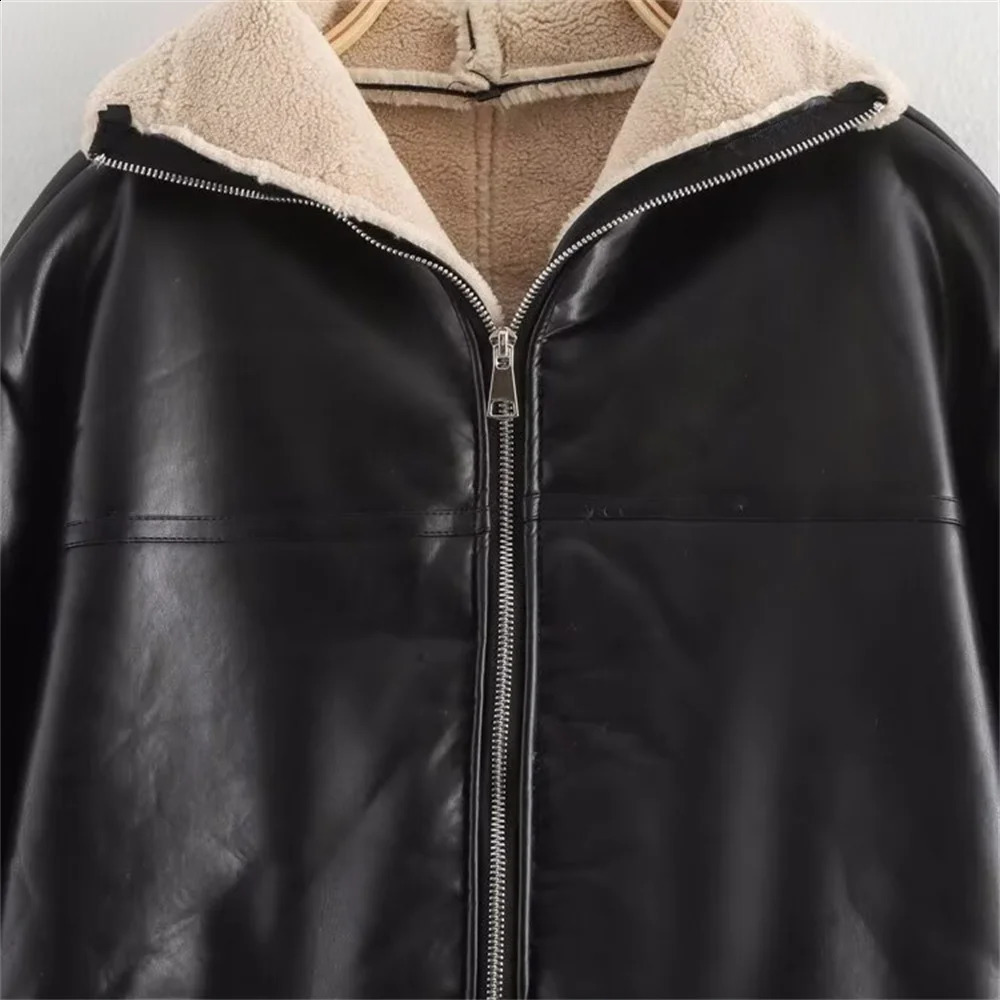 BMURHMZA womens zipper decoration classic fur one-piece leather jacket winter item lapel warm jacket 241220