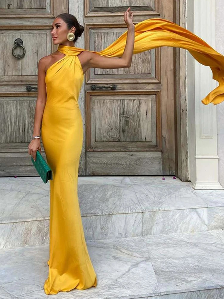 Elegant Satin Halter Party Dress Women Casual Slim Backless Sleeveless High Waist Female Robes 2024 Autumn Lady Evening Dresses 241228