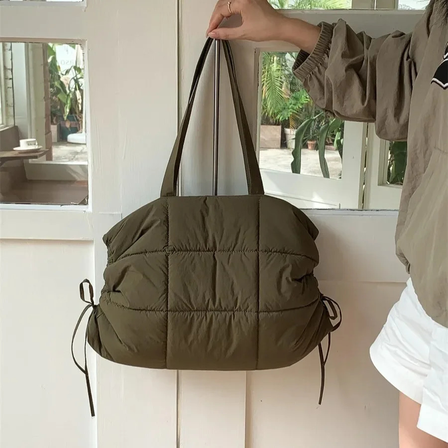 Casual Cotton Padded Shoulder Bag Plaids Quilting Women Bag Puffy Space Down Bags for Women Handbag 2025 Nylon Shopper Purse 241227
