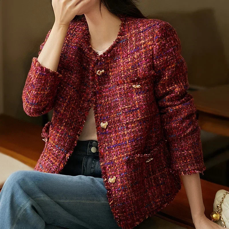 Autumn Women Wine Red Tweed Wool Jacket High-end Red Tweed Short Coat Spring and Autumn Coat Tweed Womens Tweed Coat 241224