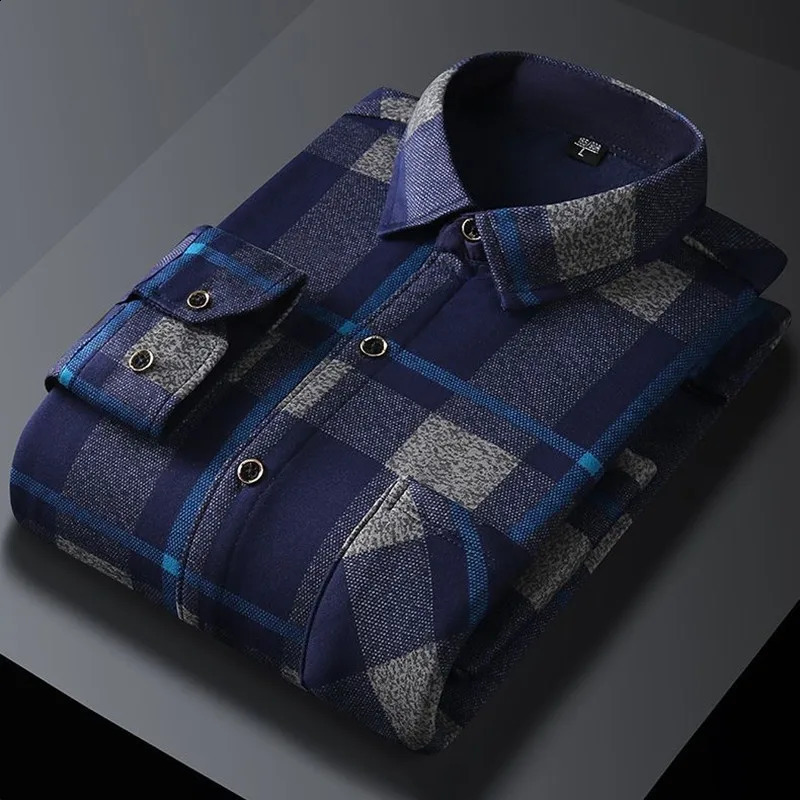 Autumn and Winter Fashion Trend Plaid Long Sleeve Shirt Mens Business Casual Plus Fleece Thick Warm Large Size Shirt 241223
