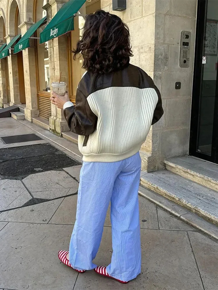 Women Casual Zipper Contrasting Leather Coat Fashion Lapel Long Sleeves Loose Jacket Autumn 2024 chic Office High Streetwear 241224