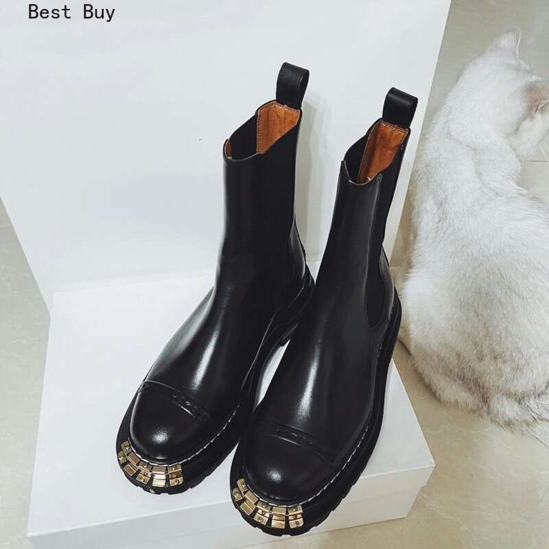 British Style Round Toe Flats Ladies Shoes Fashion Golden Tooth Decor Chunky Bottom Women Mid-Calf Short Boots