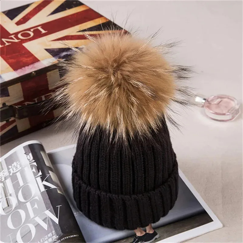 Winter Female Real Raccoon Fur Pom Poms Hat For Boys Girl Hat Knitted Cap Thick Women Skullies Beanies 241227