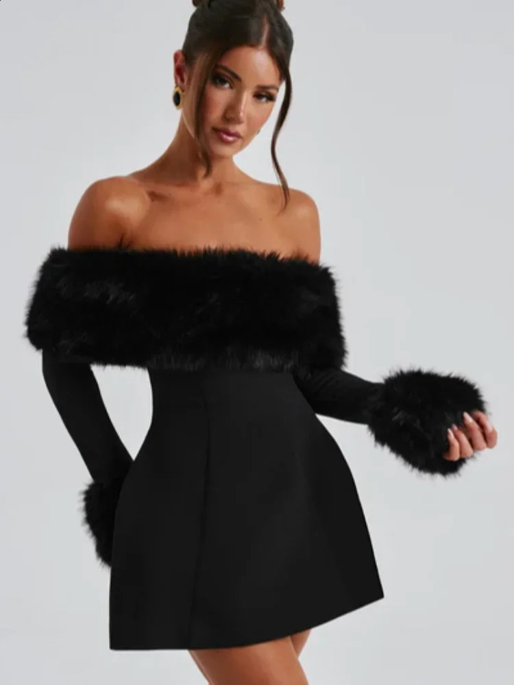 Chic Fluffy Fur Collar Patchwork Black Mini Dress Fashion Off Shoulder Long Sleeve A-line Slim Dresses Lady Evening Party Robes 241224