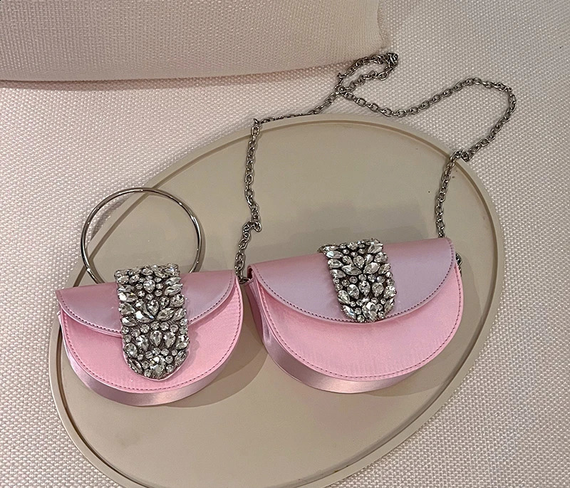 Women Glittering Crystal Satin Handbags Diamond Pink Evening Diamonds Ring Clutch Purses Wedding Party Trendy 241227
