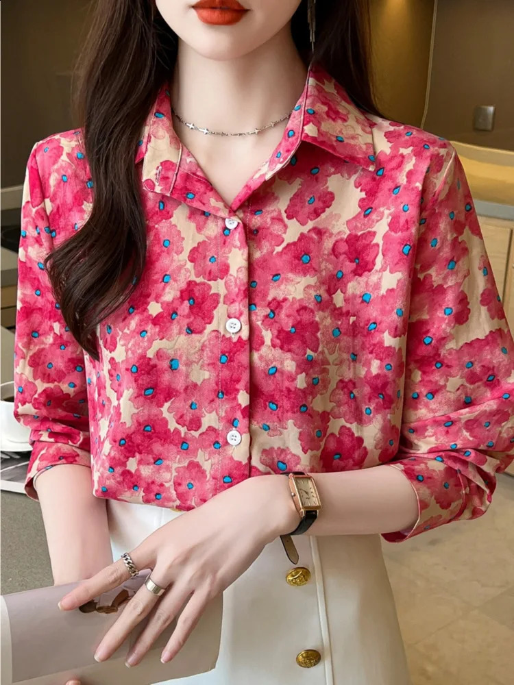 #3183 Blue Pink Vintage Long Sleeve Shirt Women Full Floral Printed Femme Loose Thin Chiffon Blouse 241228